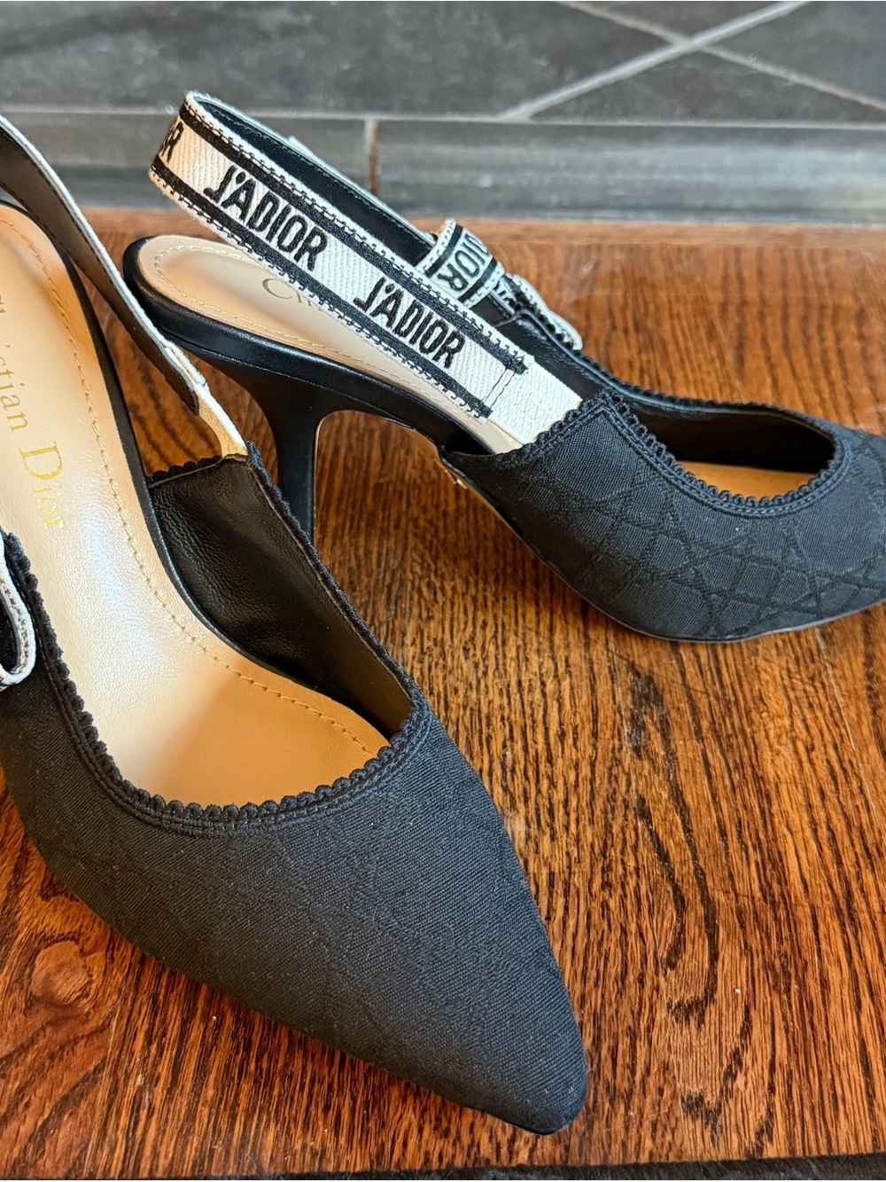 Dior Black J'Adior Embroidered Strap Pointed Slingback Heels